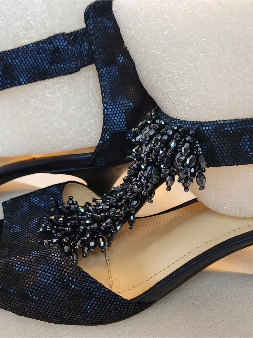 Alex Marie Black Beaded Fringe Open-Toe Heels
